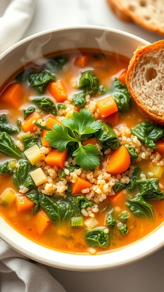 A bowl of hearty kale and quinoa soup with vegetables, garnished with parsley, and a slice of bread on the side.